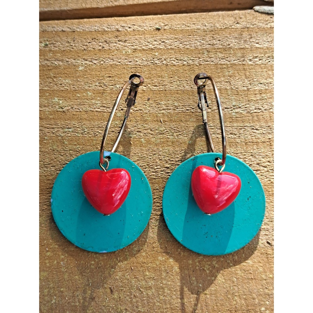 Vintage Red Heart Turquoise Teal Disc Hoop Earrings Latch Back Statement Jewelry